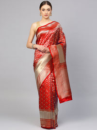Red Banarasi Handloom Silk Saree with intricate zari woven floral motifs