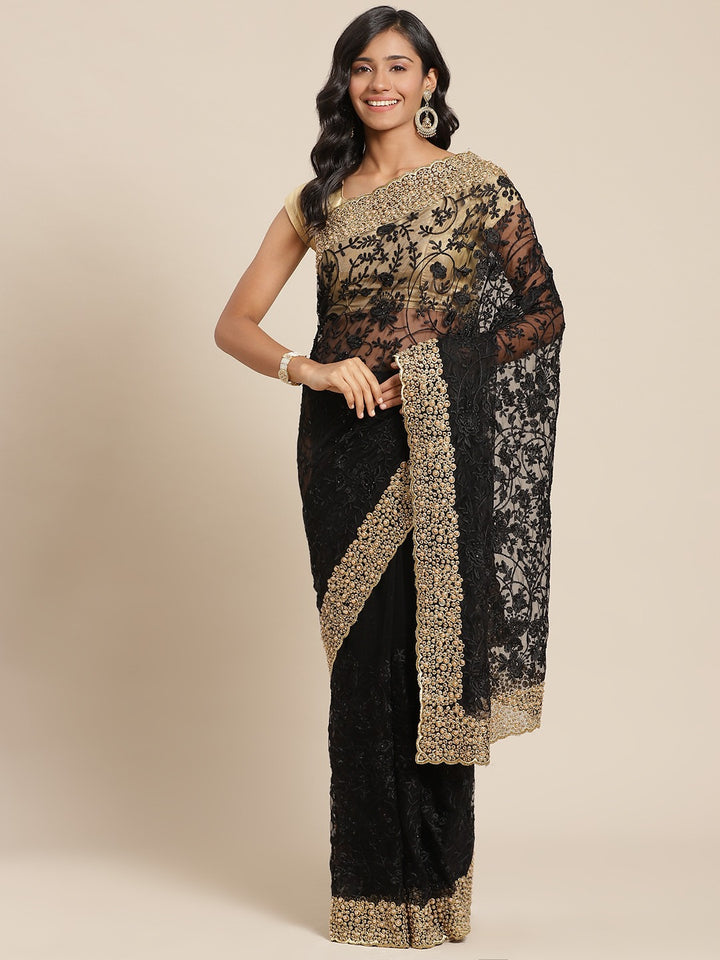 Black Net Resham Embroidered Saree Embellished With Pearls and Cut work Border