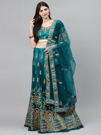Net Semi-stitched Lehenga Set with Floral Metallic & Resham Embroidery & Frill Hemline