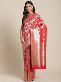 Banarasi Handloom Saree with Gold Zari Oxidised Floral Weaving and Heavy Rich Pallu