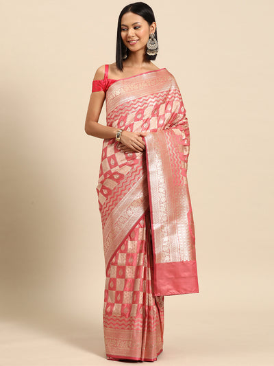 Chhabra 555 Pastel Pink Gharchola Checked  Gold Zari Handloom Banarasi Traditional Silk Saree