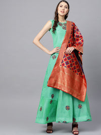 Chhabra 555 Made to Measure Turquoise Anarkali Kurta Set with  and Kantha embroidery and Banarasi dupatta