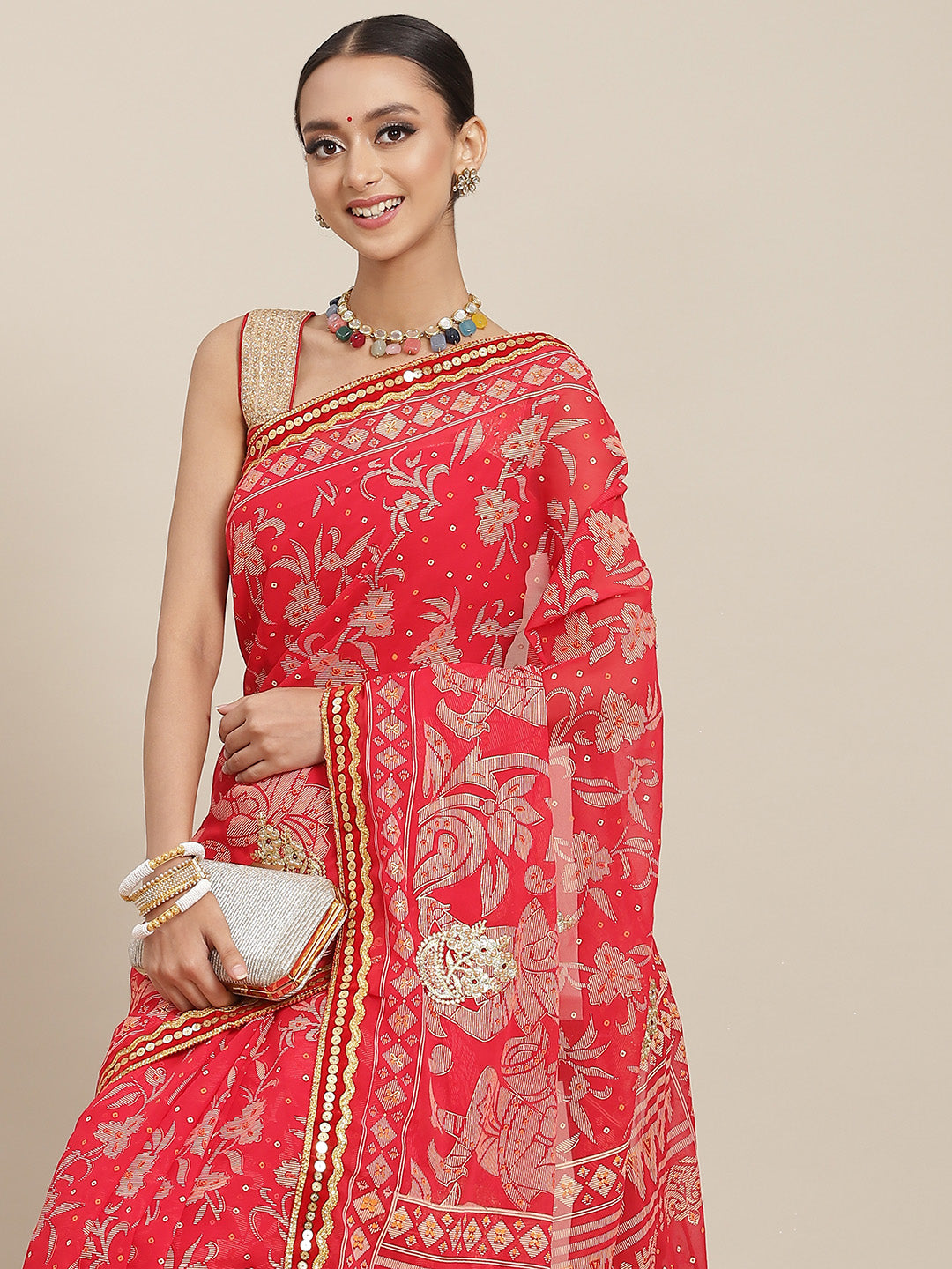 Chhabra 555 Bandhej Georgette Saree with Velvet Border, Pearls & Gota Embroidey & Gold foil print