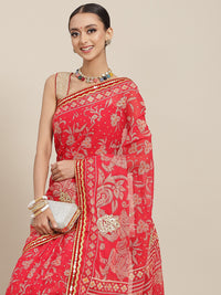 Chhabra 555 Bandhej Georgette Saree with Velvet Border, Pearls & Gota Embroidey & Gold foil print