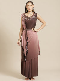 Ombre Ruffled Pre-stitched Bling Saree Gown with Embellished Cowl Layering & Belt