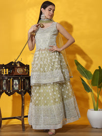 Chhabra 555 Pastel Tassled Peplum Kurta Gharara Set with Chikankari Embroidery & Resham Rubber Print