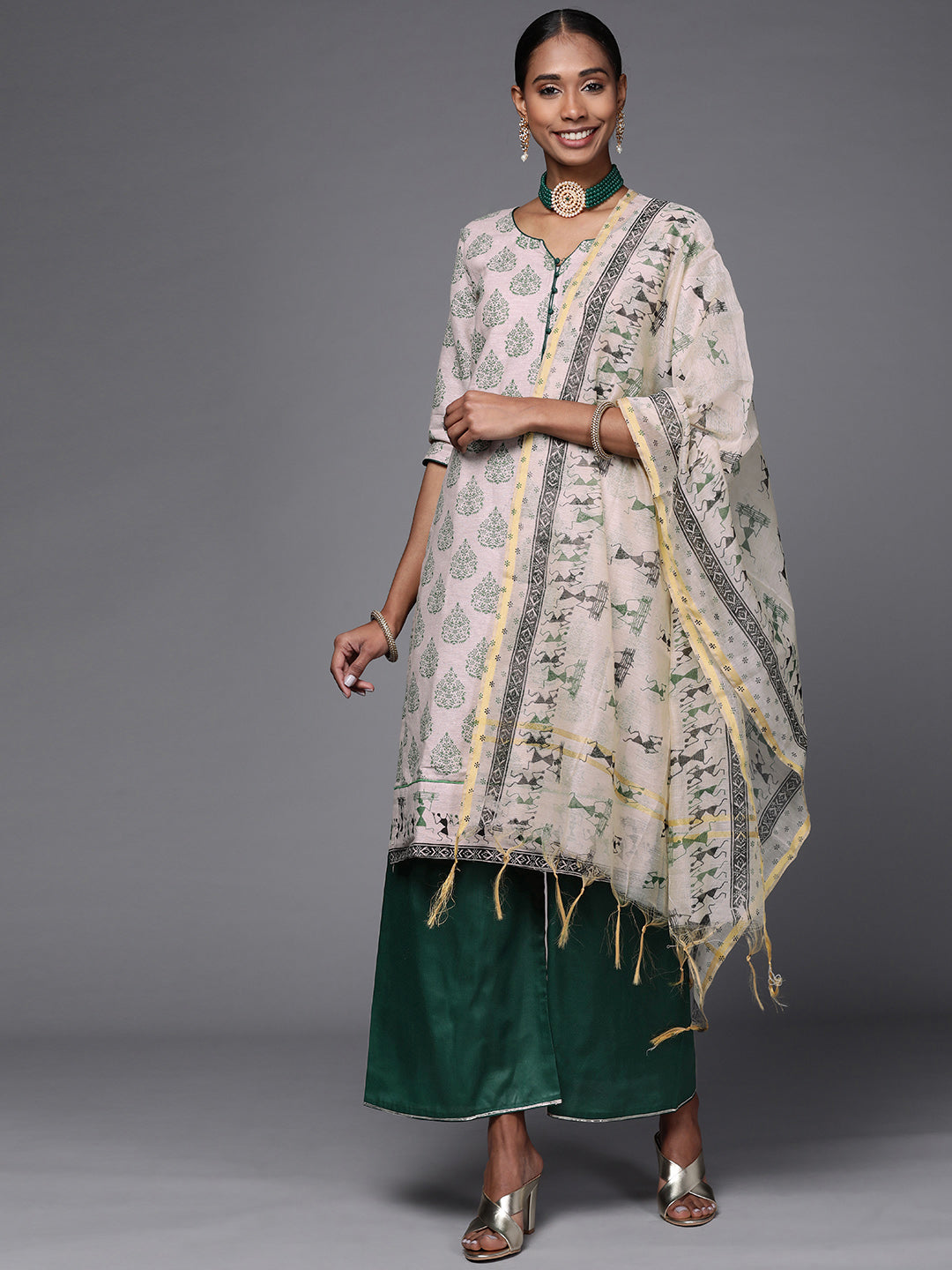 Chhabra 555 Made-to-Measure Beige Cotton Kurta Palazzo Set With Tribal Batik Print