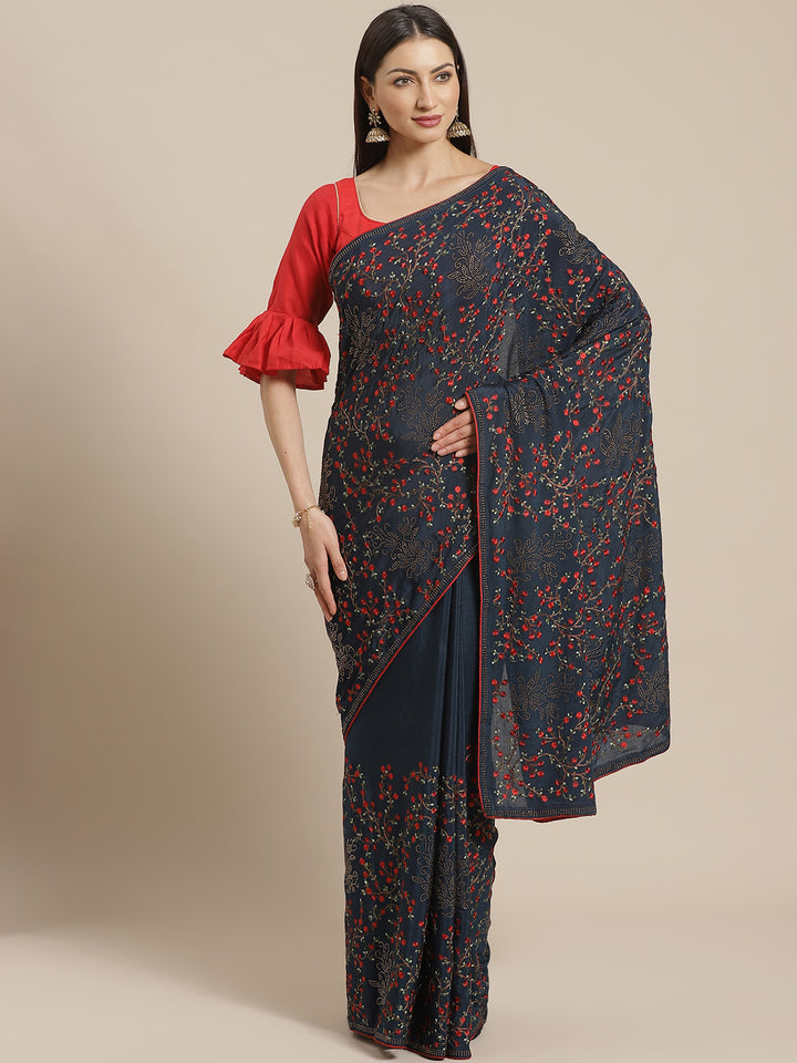 Indigo Blue Georgette Saree with multicolor Resham Embroidered Flowers & Crystal Embellishments