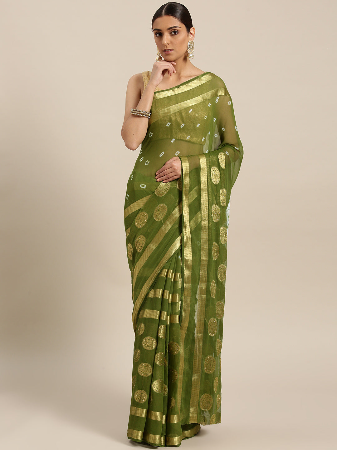 Chhabra 555 Chiffon Crystal Embellished Bandhej Saree with Gold Zari Peacock Motifs