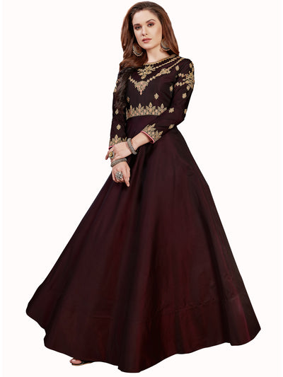 Chhabra 555 Made-to-Measure Maroon Embellished Gown with Zari and Resham jeweled pattern neckline