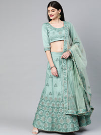 Chhabra 555 Teal Silk Unstitched Lehenga set with Zari, Resham embroidery in floral motifs