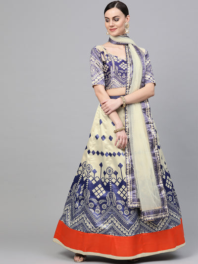 Chhabra 555 Blue Satin Silk Semi-stitched Digital Print Lehenga Set with floral Motifs