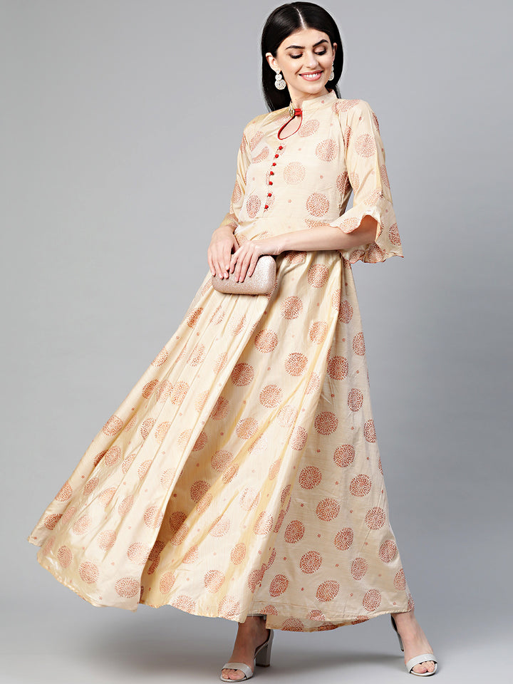 Chhabra 555 Made to Measure Anarkali Printed Kurta Dress with Copper block print and bell sleeves