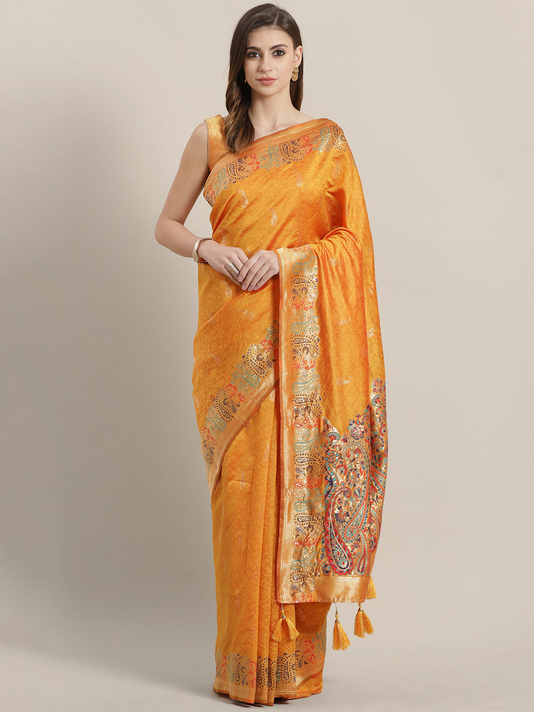 Chhabra 555 Banarasi Jamdani inspired saree with Zari Meenakari border and pallu with tassels 