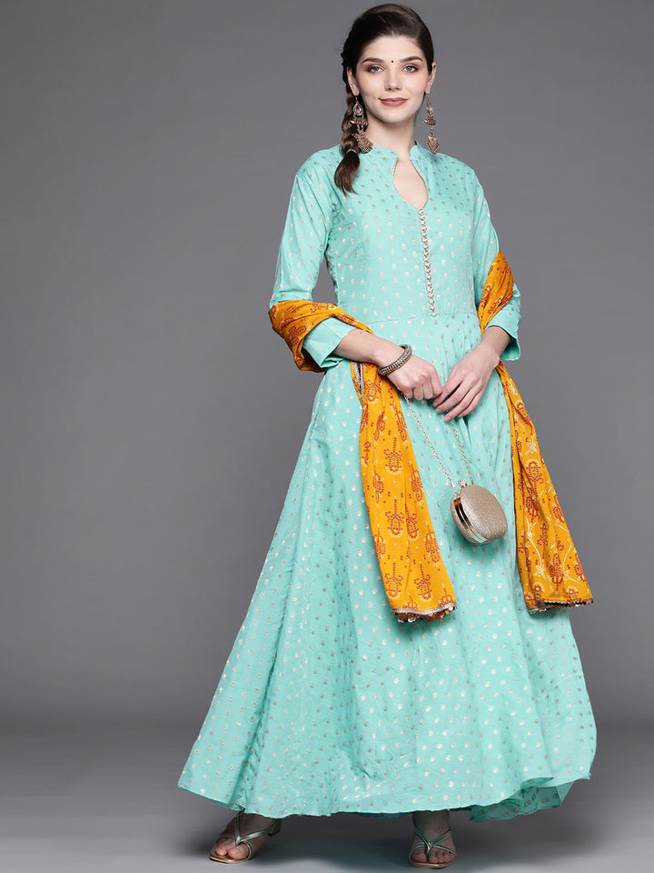 Chhabra 555 Turquoise Blue Banarasi Georgette Anarkali Suit & Mustard Bandhej Print Dupatta