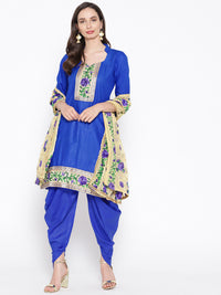 Blue Cotton Phulkari Embroidery Unstitched Suit Dupatta with Kundan embellishment