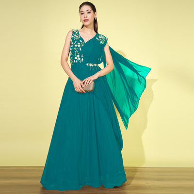 Chhabra 555 Made-to-Measure Zircon Embellished Flared Cocktail Gown with Attached Dupatta