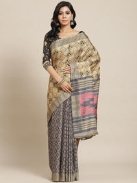 Chhabra 555 Beige Kalamkari Printed & Kantha Embroidered Half-and-Half Jute Silk Saree

Color: Beige

Type: Tussar Sarees

Pattern: Embroidered

Pattern Type: Floral

Ornamentation: Kantha Work

Border: Printed

Fabric: Jute Silk

Saree length: 5.50 mtr., Width: 1.10 mtr, Blouse length: 0.90 mtr
Dry Clean only

The CAD image gives a detailed look of the actual blouse piece that comes with this saree. The blouse used by the model in the pictures is only for styling purpose.