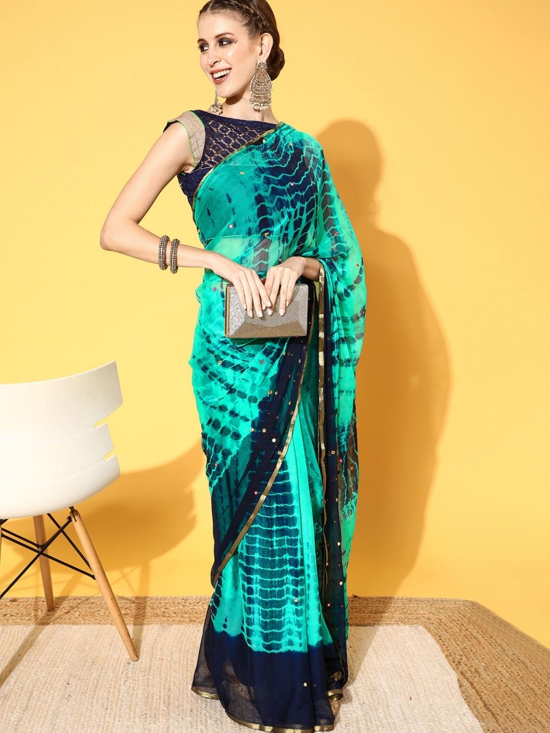 Chhabra 555 Green Tie & Die Jaipuri Printed Mirror Work Embellished Chiffon Saree & Zari Border