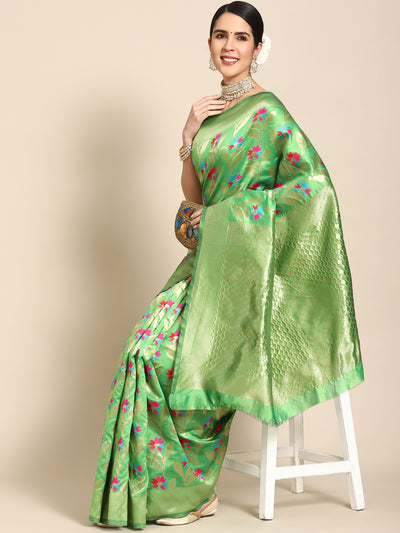 Chhabra 555 Green Banarasi Floral Meenakari Resham & Oxidised Zari Woven Embellished Silk Saree