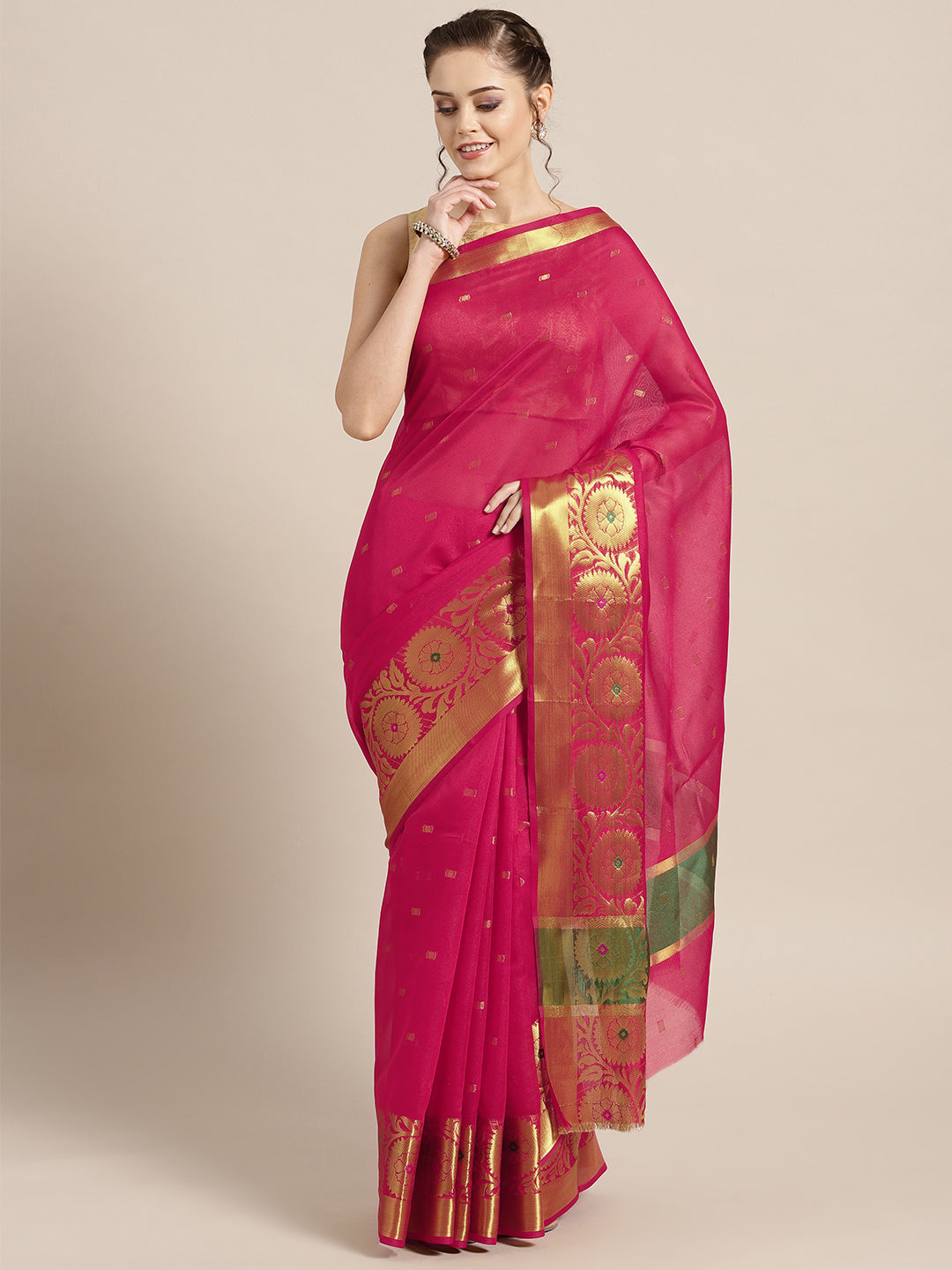 Chhabra 555 Pink Chanderi Silk saree with Zari and Meenakari weaving in a floral pattern
