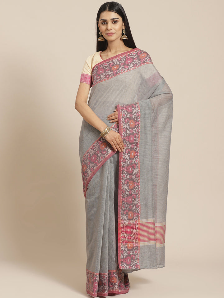 Handloom Chanderi Saree with Ikat Style Meenakari Resham Woven Border