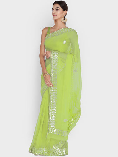 Chhabra 555 Lime Green Georgette Saree With Gotta Patti & Resham Embroidery and Paisley motifs