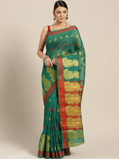 Chhabra 555 Teal green Chanderi Silk saree with Zari and Resham weaving in a floral pattern
