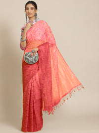 Chhabra 555 Coral pink Floral Ombre Net Saree With Sequence Embellished & Resham Embroidered Blouse