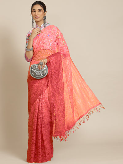 Chhabra 555 Coral pink Floral Ombre Net Saree With Sequence Embellished & Resham Embroidered Blouse