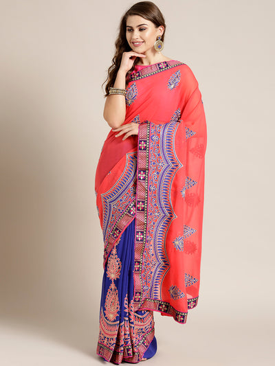 Chhabra 555 Georgette Half-and-half saree with Resham Embroidery and Floral Zari Border