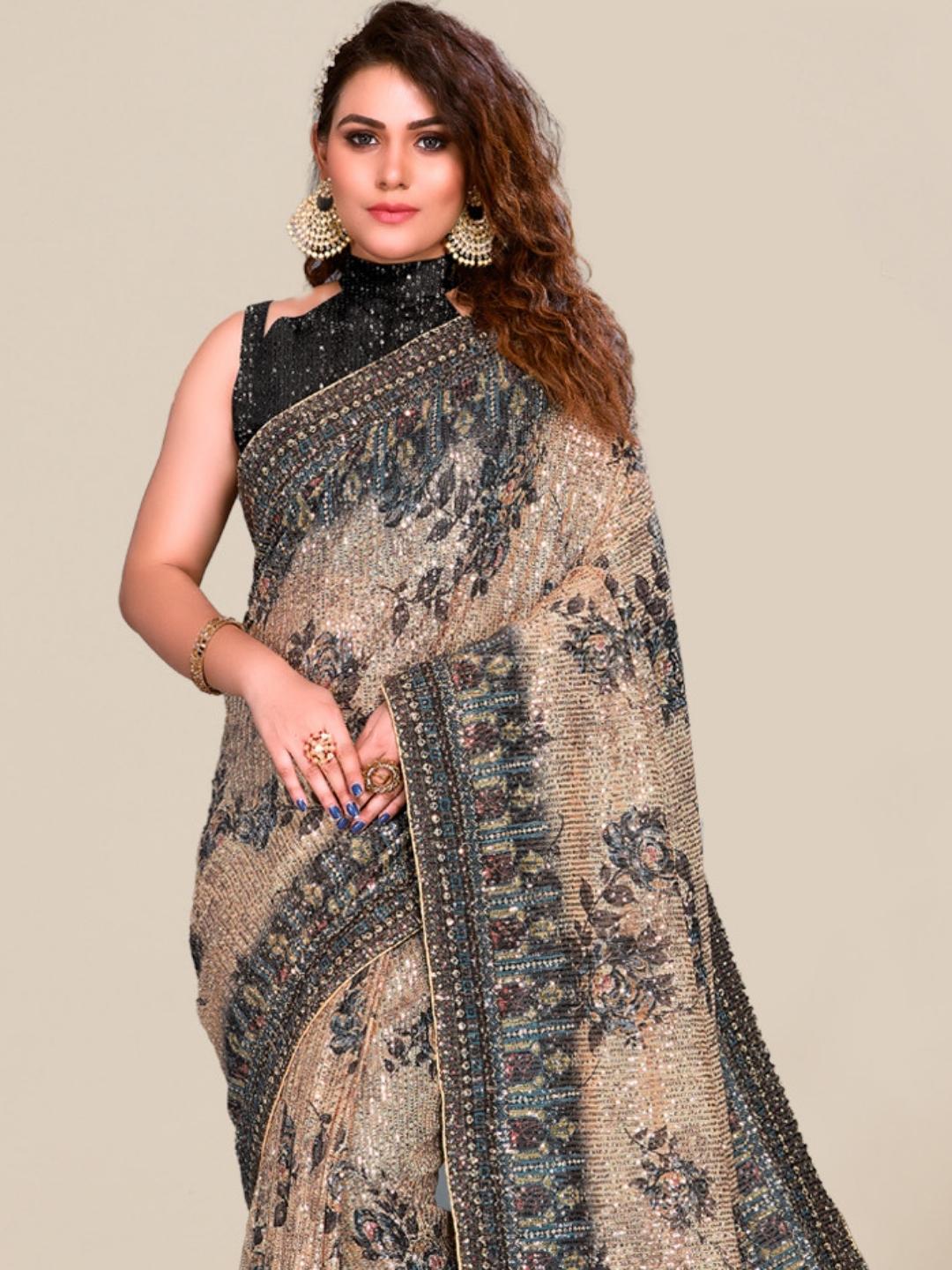 Chhabra 555 Floral Digital Print Saree with Allover Sequence Embroidery on Flowy Stretch Georgette