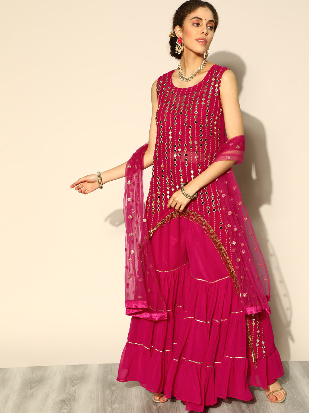 Chhabra 555 Made to Measure Asymmetrical Kurta Sharara Set with Mirror Embroidery and Tassels