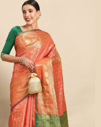 Chhabra 555 Coral Pink Brocade Banarasi Zari Embellished Silk Saree with Geometrical Garchola Design