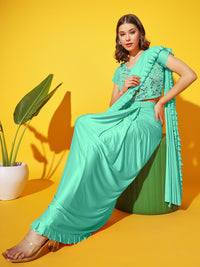Chhabra 555 Ruffled Draped Pre-Stitched Lycra Saree with Resham, Zari and Mirror Embellished Blouse