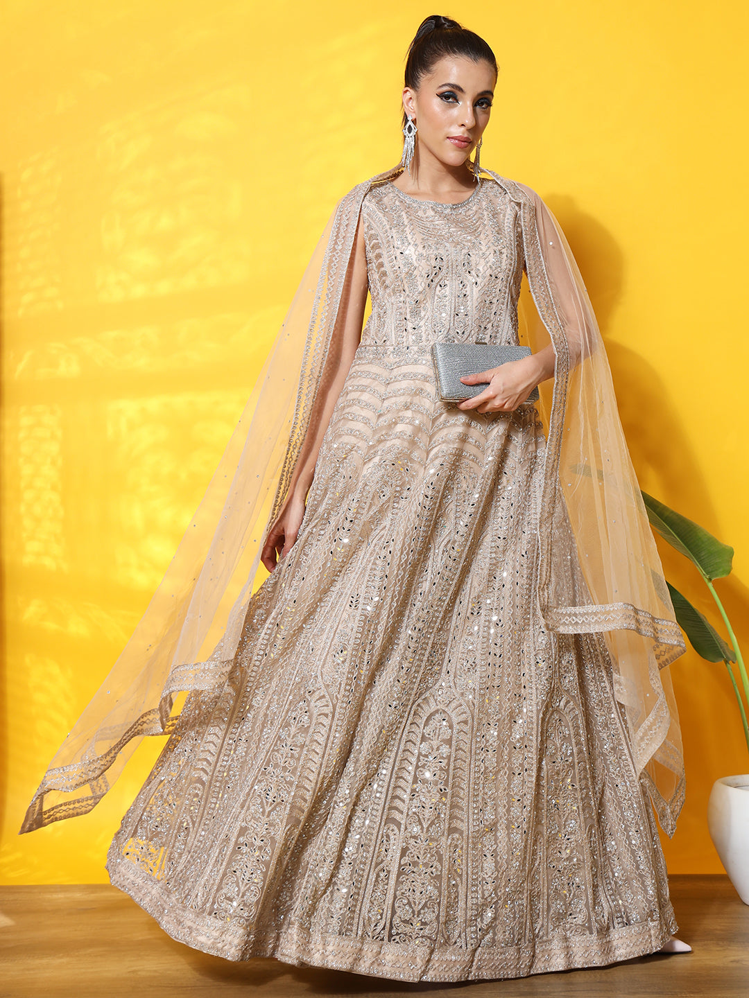 Chhabra 555 Resham Dori Embroidered Anarkali Cocktail Gown with Mirror Embellishments & Dupatta