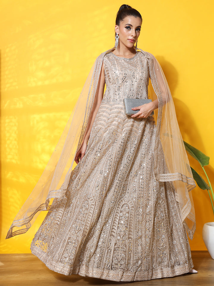 Chhabra 555 Resham Dori Embroidered Anarkali Cocktail Gown with Mirror Embellishments & Dupatta