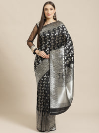 Black Banarasi Handloom Saree with Paisley Weaving & Metalic Silver Zari Border