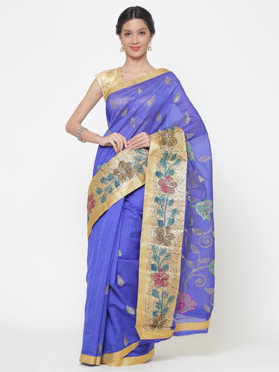 Chhabra 555 Chanderi Blue Cotton Silk saree with multicolor Resham and zari embroidery to make beautiful tulip floral motifs