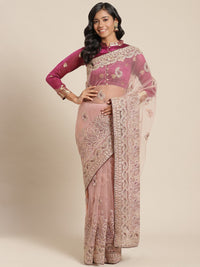 Net Zari Resham Embroidered Saree with dual embroidered border and paisley motifs