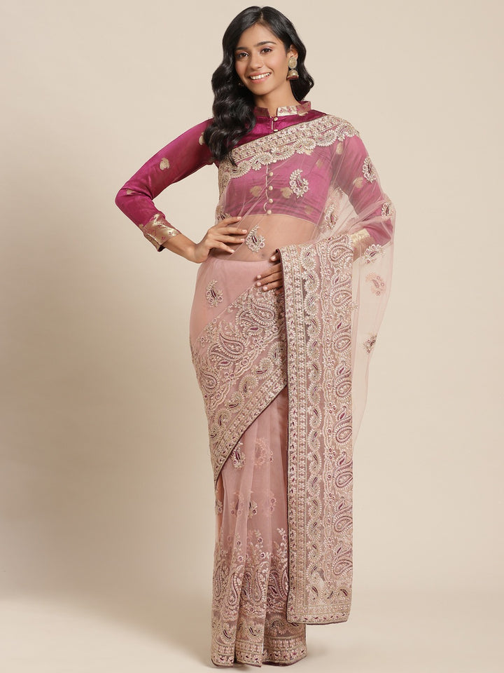 Net Zari Resham Embroidered Saree with dual embroidered border and paisley motifs