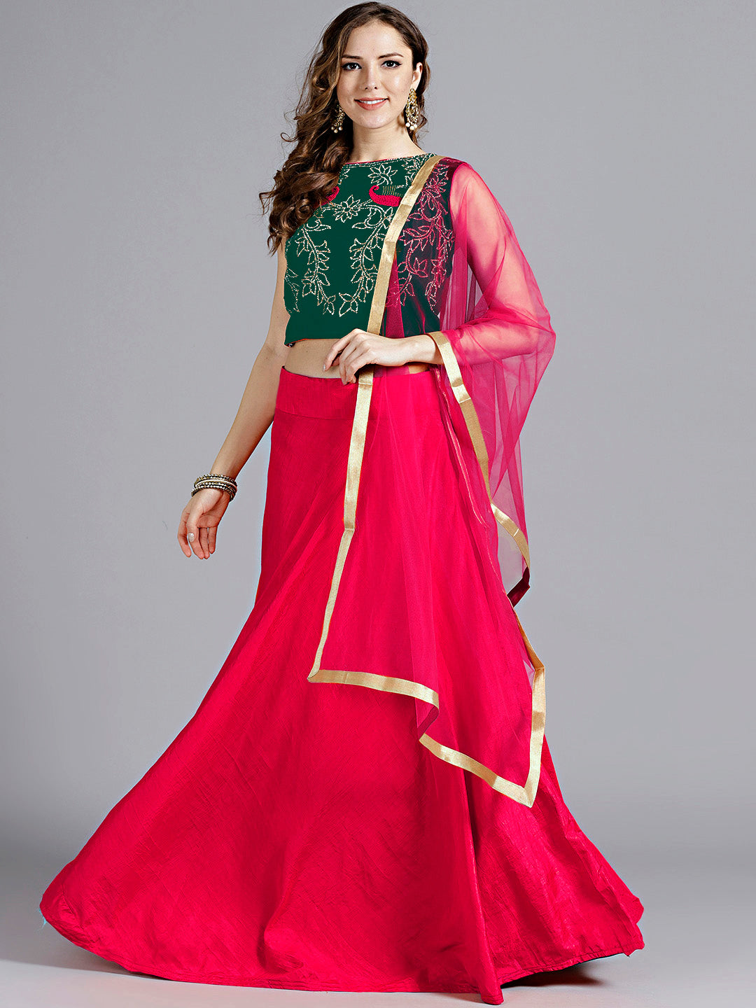 Green Pink Silk Velvet Embellished Crop top Lehanga set With Swarovski and thread Work