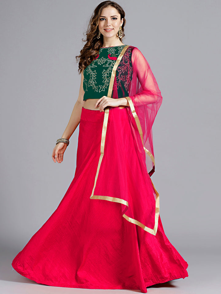 Green Pink Silk Velvet Embellished Crop top Lehanga set With Swarovski and thread Work