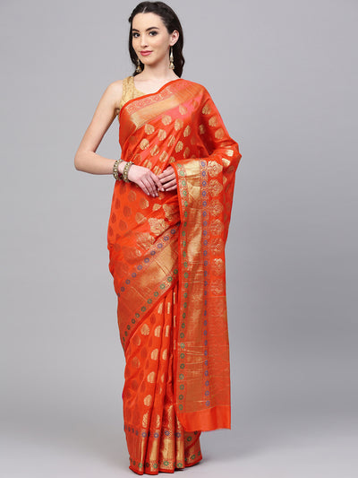 Chhabra 555 Orange Chanderi Silk Handloom, Hand Woven,Floral, Meenakari Banarasi Zari Weav Border Saree  