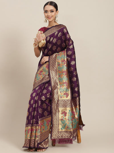 Chhabra 555 Burgundy Resham Embroidered & Stone Embellished Silk Woven Traditional Banarasi Saree