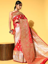 Chhabra 555 Red Handloom Kanjeevaram Silk Bridal Wedding Saree with Gold Zari