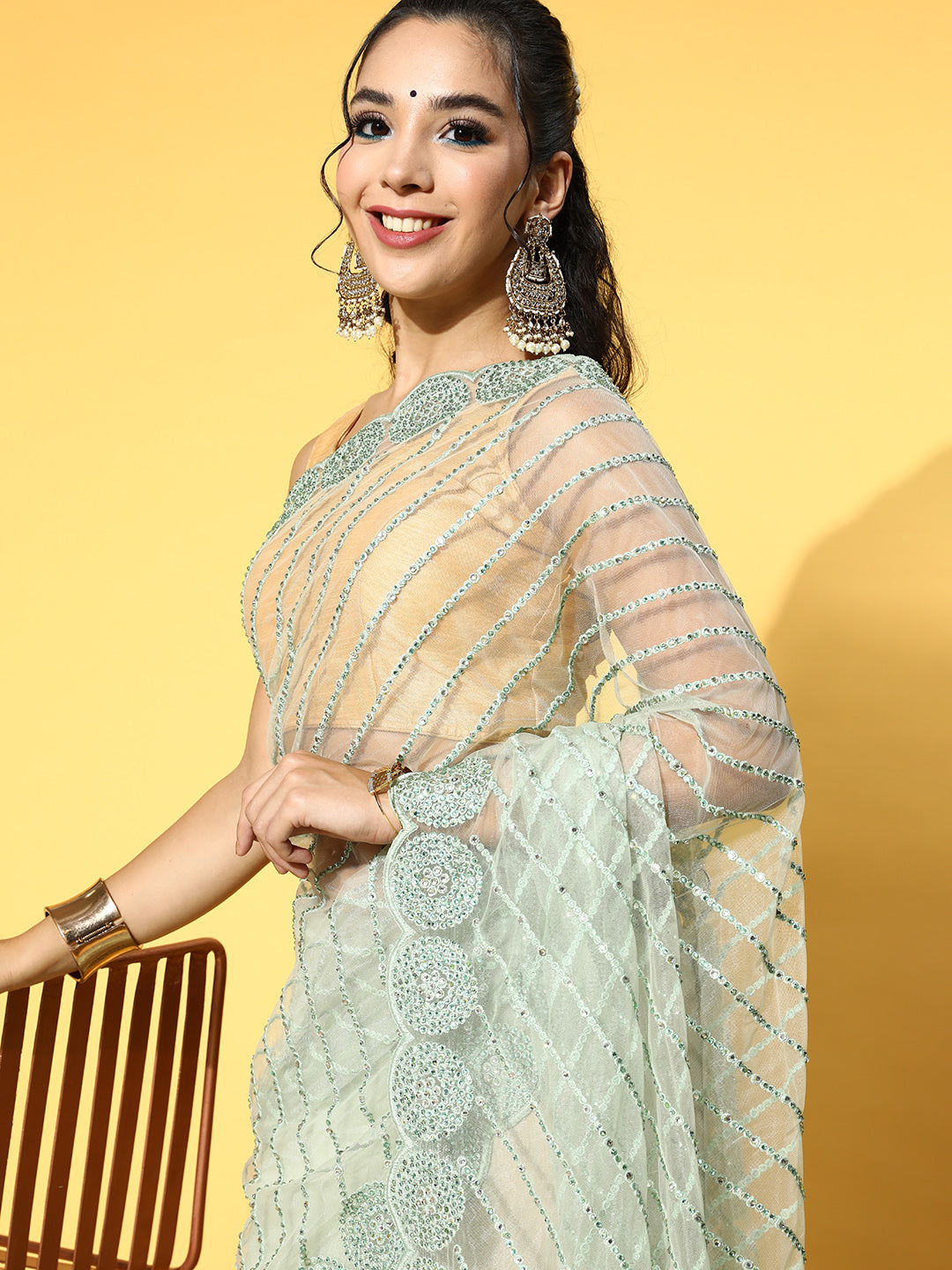 Chhabra 555 Pastel Green Embroidered & Stone Embellished Party Wear Cut-Work Scalloped Saree