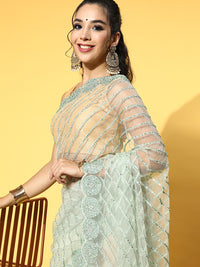 Chhabra 555 Pastel Green Embroidered & Stone Embellished Party Wear Cut-Work Scalloped Saree