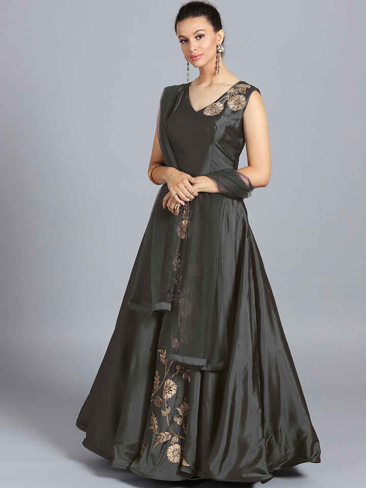 Grey Art Silk Zakan Zari Embroidered Stitched Gown With Net Dupatta