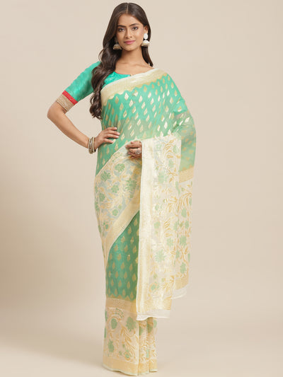Chhabra 555 Green & White Embellished Cotton Silk Traditional Brocade Saree with handloom weaving